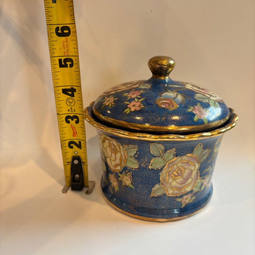 Antique Nippon Hand Painted Blue Moriage Floral Covered Powder Jar - Picture 7 of 7